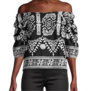Saks Floral Black white boho top embroidered‎